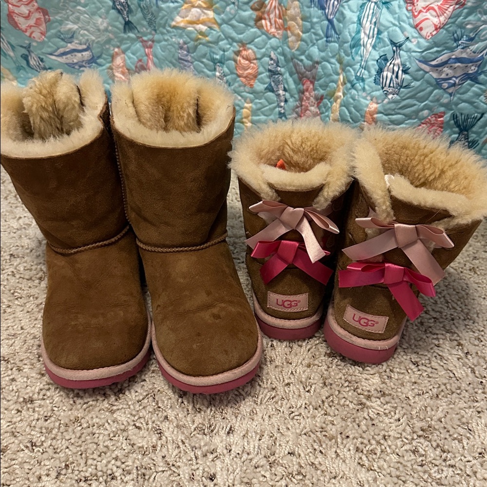 Pre-loved UGG Bailey Bow II girls tan with pink bows boots size 1 and 5
